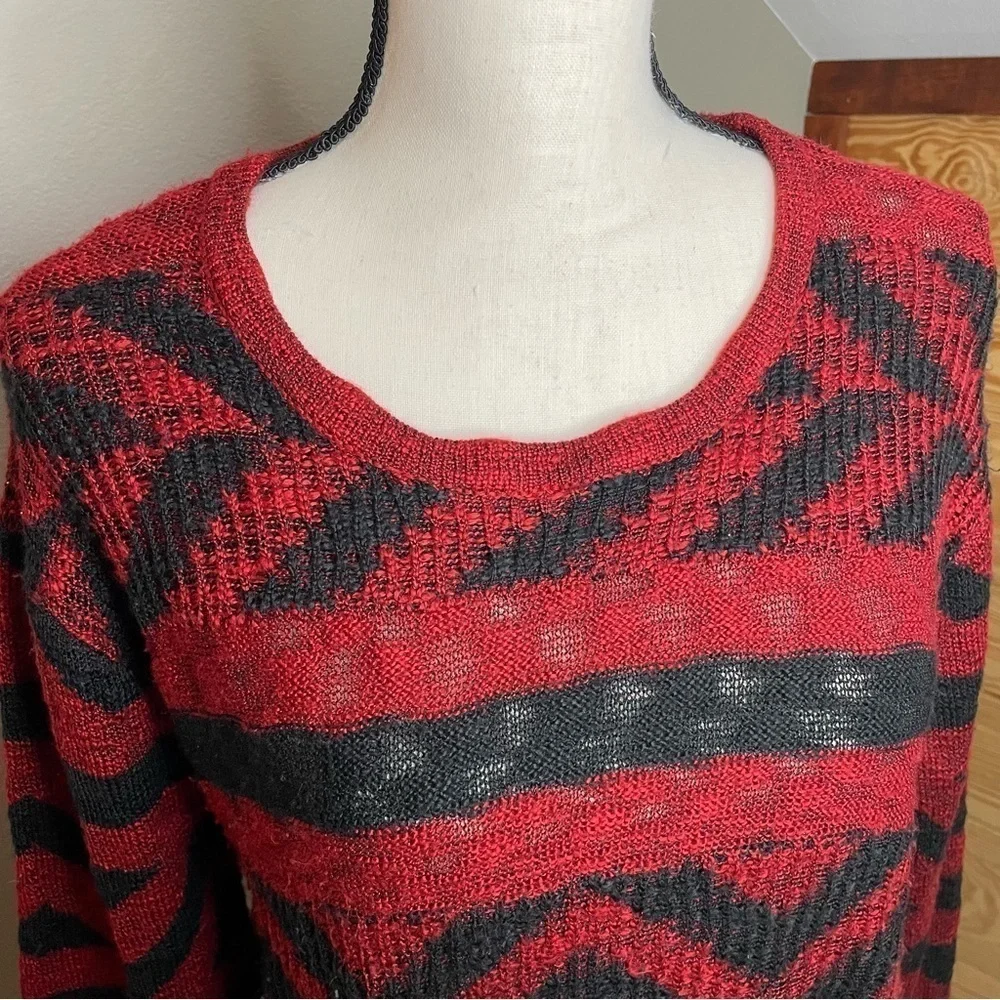 Forever 21 Red & Black Patterned Semi Sheer Sweater Large